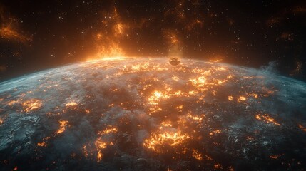 Fototapeta premium Fiery apocalypse engulfing Earth, seen from space. A burning planet, environmental disaster, cosmic event.