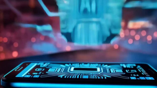 Futuristic AI Interface Hovering Over Digital Tablet with Glowing Chip & Neon Circuit Connections