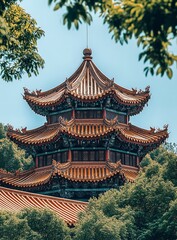 Obraz premium Distant View of Leifeng Pagoda's Apex: Hanging Copper Coins and Ancient Roof Against a Blue Sky