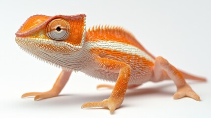 Naklejka premium Vibrant orange chameleon stares directly ahead against a clean white backdrop. A captivating portrait of nature's artistry