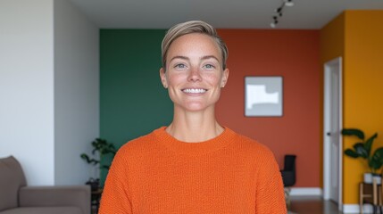 Smiling woman in orange sweater.  Modern home interior