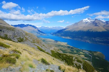 Valley view with blue lake between hills beneath a cloudy sky