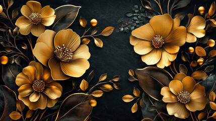 Metallic gold floral design with a dark central space, featuring detailed flowers and leaves.