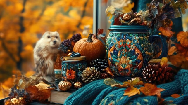 Autumn window display with cozy fall decor