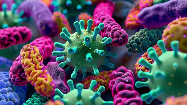 A close-up view reveals a fascinating array of colorful bacteria and viruses interacting in a microscopic environment filled with diverse shapes and textures.