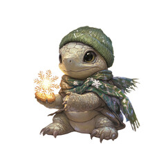 Adorable Baby Turtle in Winter Hat and Scarf Holding a Snowflake