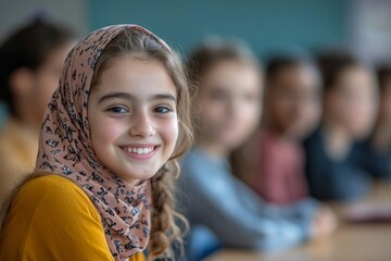 Happy diverse kids listening their teacher while sitting at desks in classroom, looking at woman and smiling