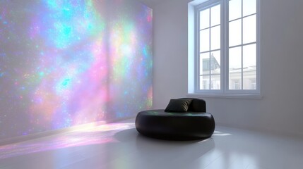 Modern room with iridescent wall and black chair, city view