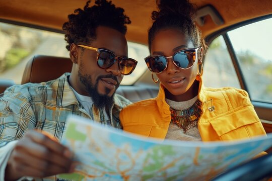 Happy black woman and man looking for way on map on cellphone while driving in car, using digital map application. Weekend trip and journey together