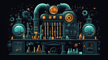 Obraz premium Pixel Art Steampunk Alchemy Laboratory with Teal and Gold Accents