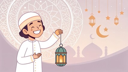 Eid Al Adha hand lettering. Eid Mubarak. Muslim holiday card with cute sheep, moon and lantern. Vector illustration.
