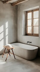 Fototapeta premium Sunlit rustic bathroom with concrete tub.
