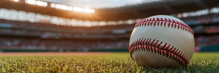 Baseball On Grassy Field In Front Of Stadium