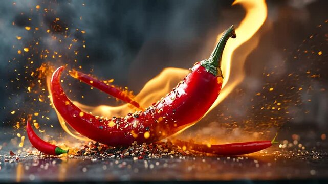 Fiery Sensation: A Dynamic Close-Up of a Red Chili Pepper Engulfed in Flames