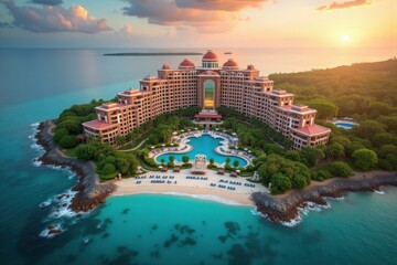 Plakat An opulent hotel sits by the turquoise sea, featuring a lavish spa and private cabanas. The background includes lush greenery and a breathtaking sunset over the horizon