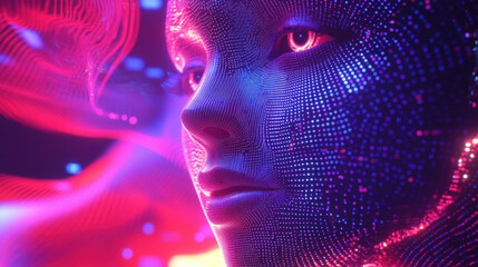 Digital Human Face with Neon Lights