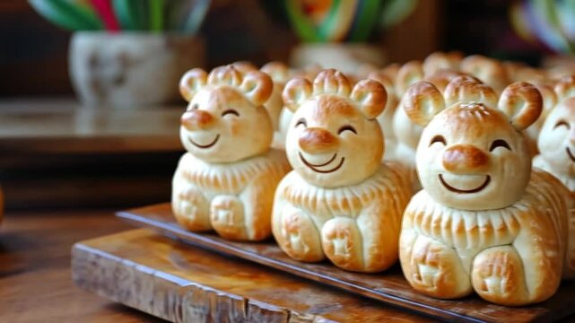 Baked bear-shaped bread, festive display, wooden tray