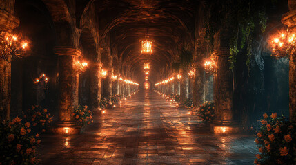 A long, narrow hallway with a few potted plants and lit candles