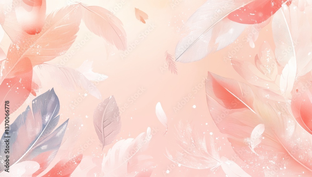 Aufkleber elegant pastel background with soft feathers and delicate leaves, suitable for various uses in desig