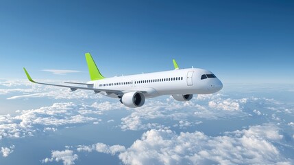 Fototapeta premium A modern, eco-friendly airplane soaring through a clear sky above fluffy clouds, showcasing aviation technology and sustainable design.