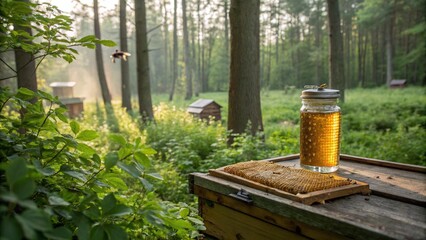 Fototapeta premium A jar of honey stands on the roof of a hive in the middle of an incredibly beautiful forest