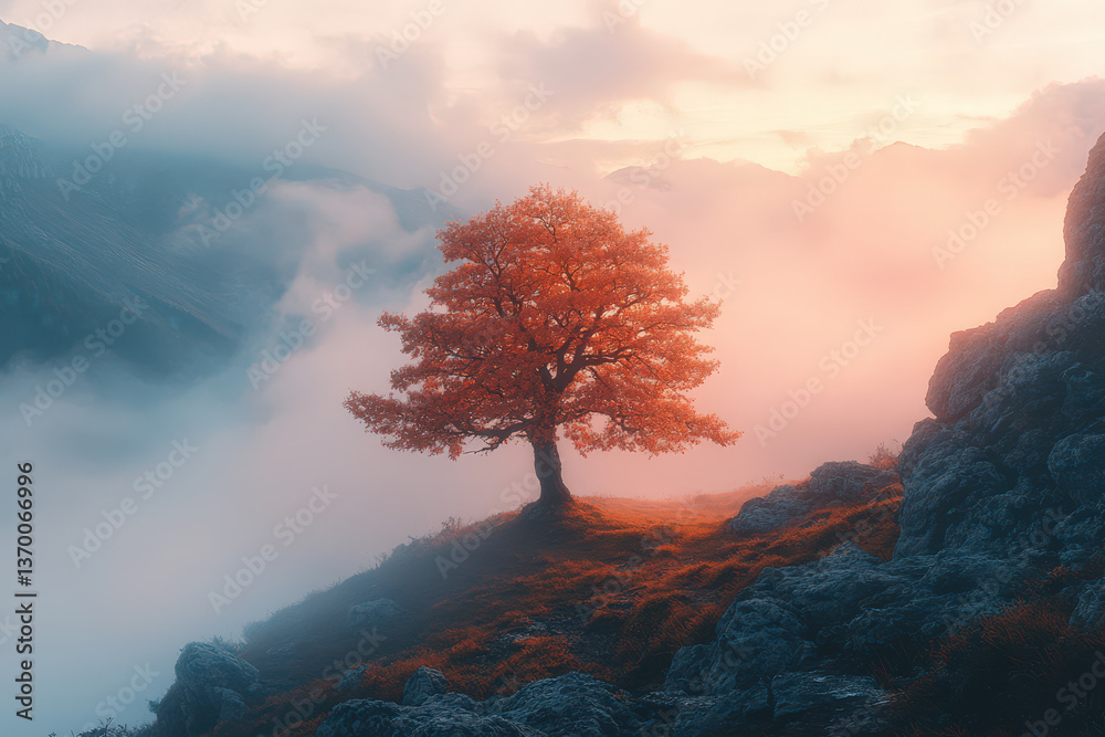 Wall mural a tree is standing on a hillside with a cloudy sky in the background
