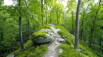 Winding Forest Trail Mossy Rocks and Lush Greenery