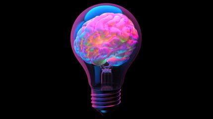 A pastel toned with neon light 3D rendered glass light bulb encases a vibrant human brain, representing innovation and intellect.
