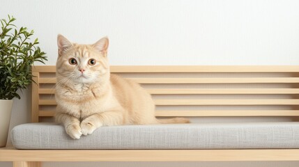 A cozy scene featuring an orange cat resting on a gray bench with a potted plant, set against a minimalist white wall.