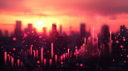 Fototapeta premium Futuristic Digital Finance Hub Showcasing Automated Gigapixel Data Visualization Urban Sunset High-Tech Environment Aesthetic Viewpoint