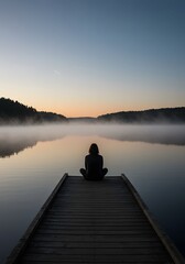 Solitude at Sunrise: Woman Meditating on a Misty Lake Pier