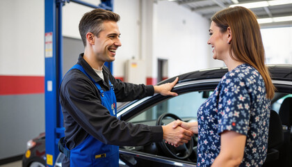 Happy customer picking up car at auto repair shop, service satisfaction