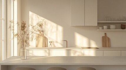 Modern Beige Kitchen, Sunlight Streaming Through Window, Minimalist Design, Interior Photography, Stock Photo