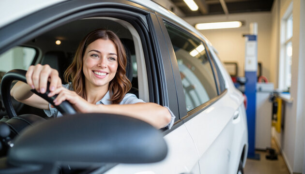 Content woman driving away from auto repair service, car maintenance joy