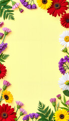 Obraz premium Colorful flower border on yellow background, vibrant gardening concept