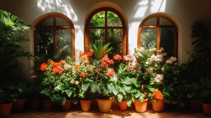 Sunlit indoor garden with vibrant flowers and plants