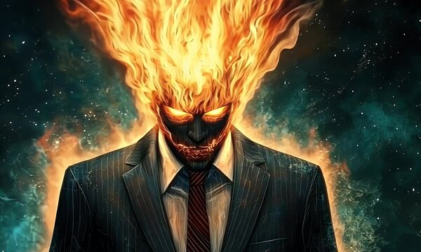 Businessman engulfed in flames against a starry backdrop; Intense and powerful imagery