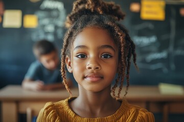 In elementary school classroom, focused African American girl looking at blackboard, while teacher helping boy on background
