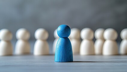 A single,  blue wooden figurine stands out among a group of white figurines