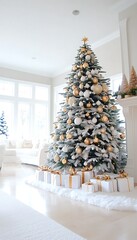 Snowy Christmas tree with gifts, and home.