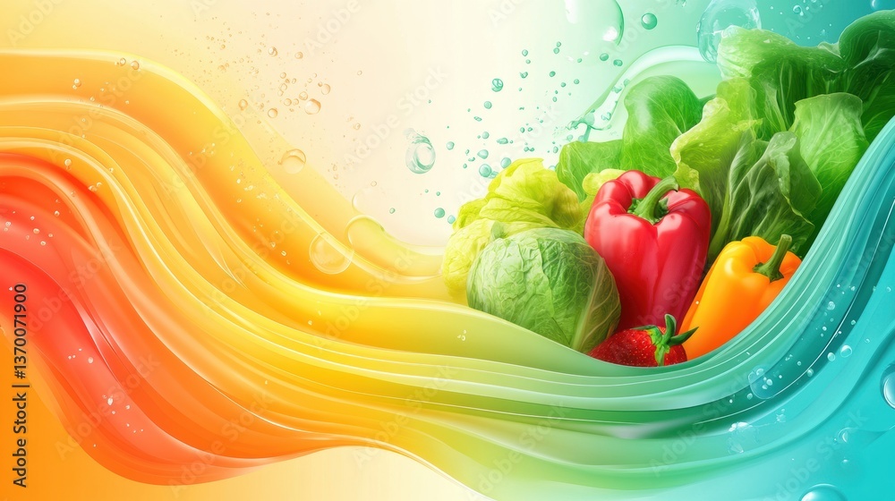 Aufkleber Dynamic flow of vibrant groceries surrounded by smooth liquid gradients in an abstract background Generative AI