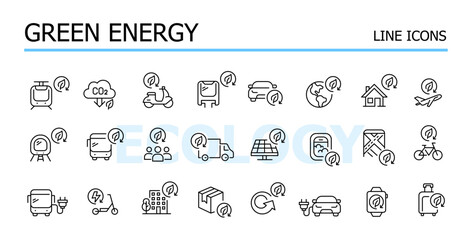 Green energy, renewable power sources for vehicles and home. Vector icons set