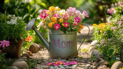 A vintage watering can overflowing with colorful flowers