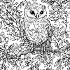 Fototapeta premium Intricate black and white line drawing of a wise owl perched on a tree branch surrounded by blooming flowers.