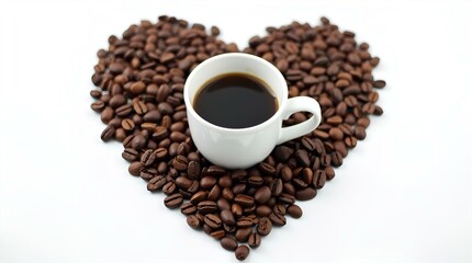 White Coffee Cup on Heart Shape of Roasted Coffee Beans on White Background