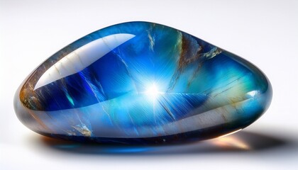 白い背景の上で鮮やかな青い光を放つ高品質なラブラドライトのクローズアップ