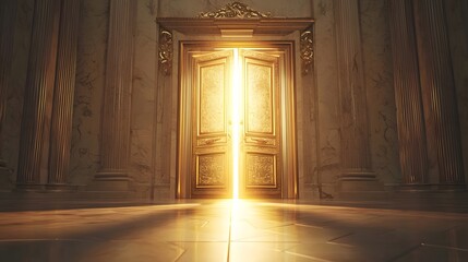 Majestic golden door slightly ajar in an ornate room, casting warm light on polished floor, inviting exploration