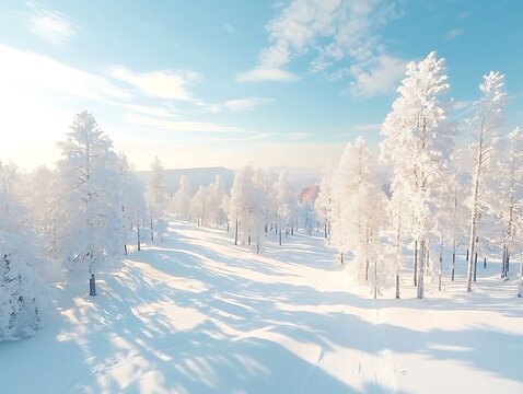 Sunlit Snowy Forest Winter Landscape. - Powered by Adobe