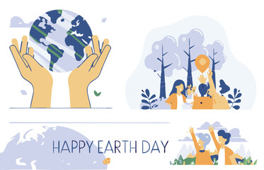 Earth Day. Environment Day. Save the planet. Vector illustration of hands holding the earth, bottom up view of nature and forest, people for ecology and green theme for poster or greeting card