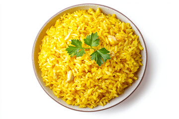 a bowl of yellow rice with a sprig of parsley